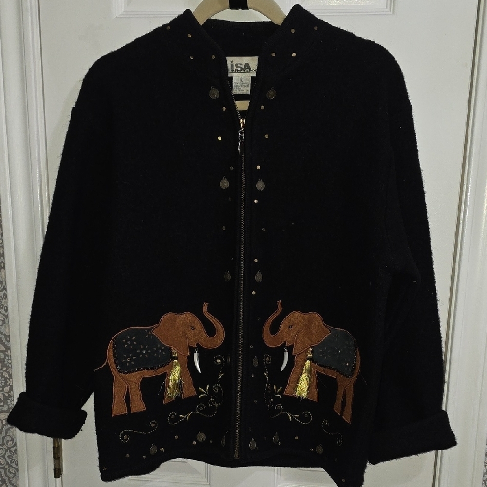 Lisa International 100% Boiled Wool Black Zip Up Elephant Africa India Jacket